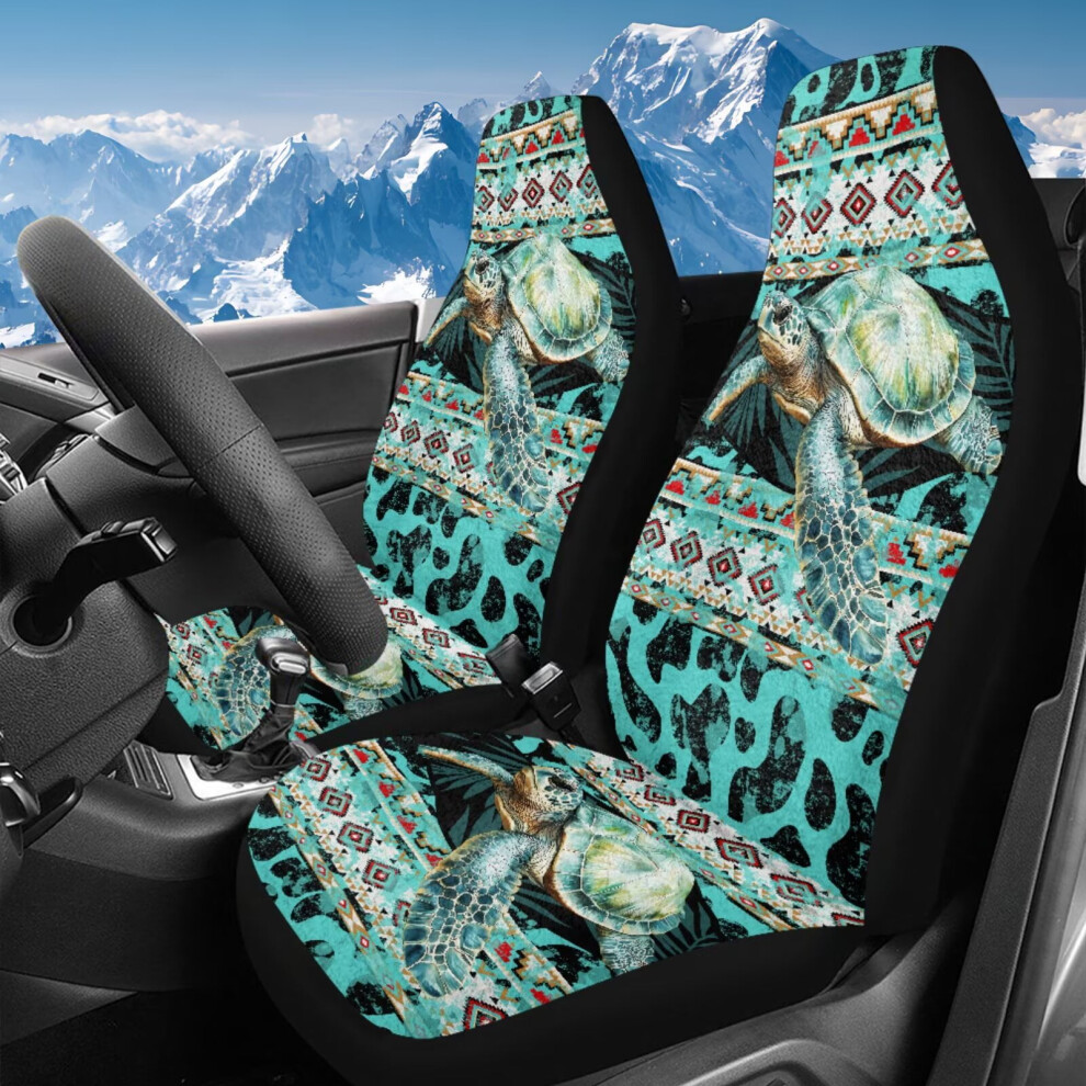 2 Pcs Car Seat Covers Set Â Flurry Retro Turtle Aztec, Universal Fit For Cars, Trucks, Suvs, Compatible With Most Vehicles Coral 9180479343431