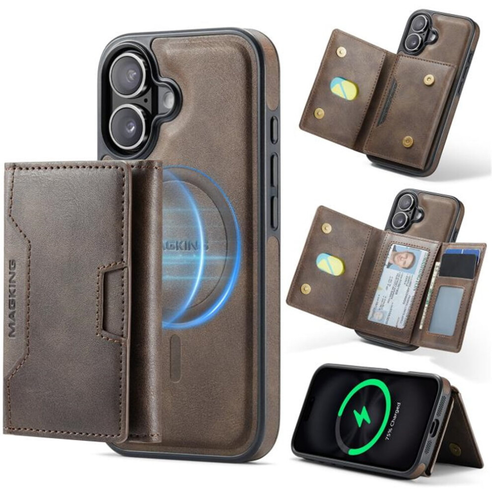 Rfid-Blocking Leather Case For Iphone 16 (6.1") Â Magsafe, 7-Card Slots, Kickstand, Flip & Shockproof, Coffee Brown 9357860054157