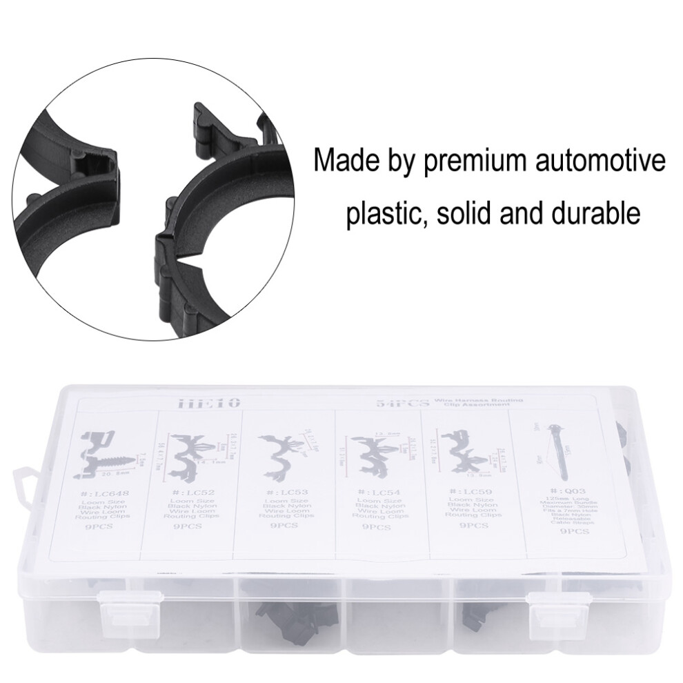 54Pcs Assorted Car Wiring Clips Kit, 6 Sizes, Durable Plastic Black 9491392934089