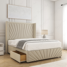 (Cream, 5ft King (with Mattress))) Nola 54” Winged Divan Double Bed Base Plush Velvet Built-in 2 Drawers