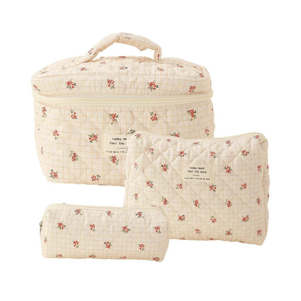 Makeup Cosmetic Bag 3 Pcs Cotton Quilted Makeup Bag Aesthetic Floral Toiletry Bag for Women,F