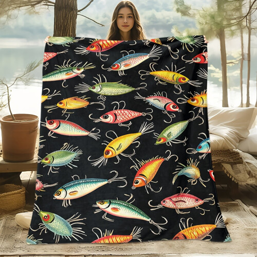 Fishing Theme Flannel Blanket 100% Cotton Black