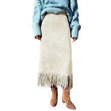 Dámská sukně s třásněmi a umělým semišem, vysoký pas, elegantní midi sukně, podzim/zima