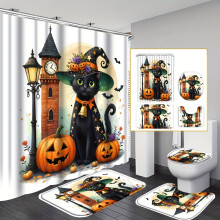 Juego de 4 piezas de cortina de ducha de Halloween con alfombrilla de baño, tapete para la tapa del inodoro y 12 ganchos – Tema de gato negro,