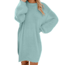 Dames fleece jurk, middellang, lange mouwen, ronde hals, losse pluche jurk, effen kleur, casual warme pyjama voor dames, lichtblauw M