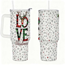 Love Christmas -poro-muki kannella ja pillillä, lumihiutale-joulumuki