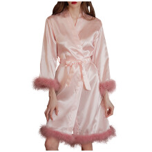 asdoklhq Morgenkåpe for kvinner Uformell fjærmorgenkåpe Morgenkåpe Kimono Satengerm Morgenkåpe Rosa XL