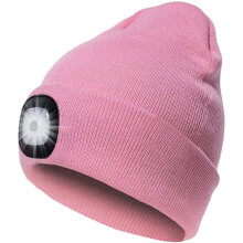 Unisex vintervarm stickad mössa USB-laddningsbar 4LED-pannlampa med LED-ficklampa för män och kvinnor utomhussporter (rosa)