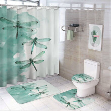 Cortinas de ducha decorativas de 4 piezas con diseño de libélulas azules. Juego de cortinas de ducha para baño con alfombras. Libélulas