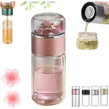 Glas te-infuser, 3-i-1 Smart te-infuserflaske med dobbelt lag glas til varm og kold brygning af løsbladet og blomstrende te
