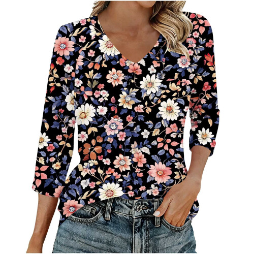 Top da donna a maniche a 3/4, camicie casual con scollo a V, magliette basic morbide, camicette da lavoro