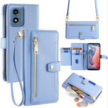 Husă portofel Moto G5G2024 cu curea crossbody, buzunar cu fermoar și suport pentru carduri – piele PU rezistentă la șocuri, albastră