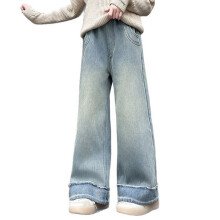 Ungdoms casual jeans med vide ben for jenter, denimbukser med sløyfebroderi, blå, 9-10 år