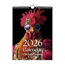 Calendário de Parede Chicken Couture 2026 - 12 meses, de janeiro de 2026 a dezembro de 2026, com data juliana. Design divertido com tema de galinhas.