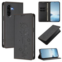 Leren flipcase voor Samsung Galaxy A36 5G – RFID-blokkering, kattenreliëf, magnetische sluiting, kaarthouder, zwart