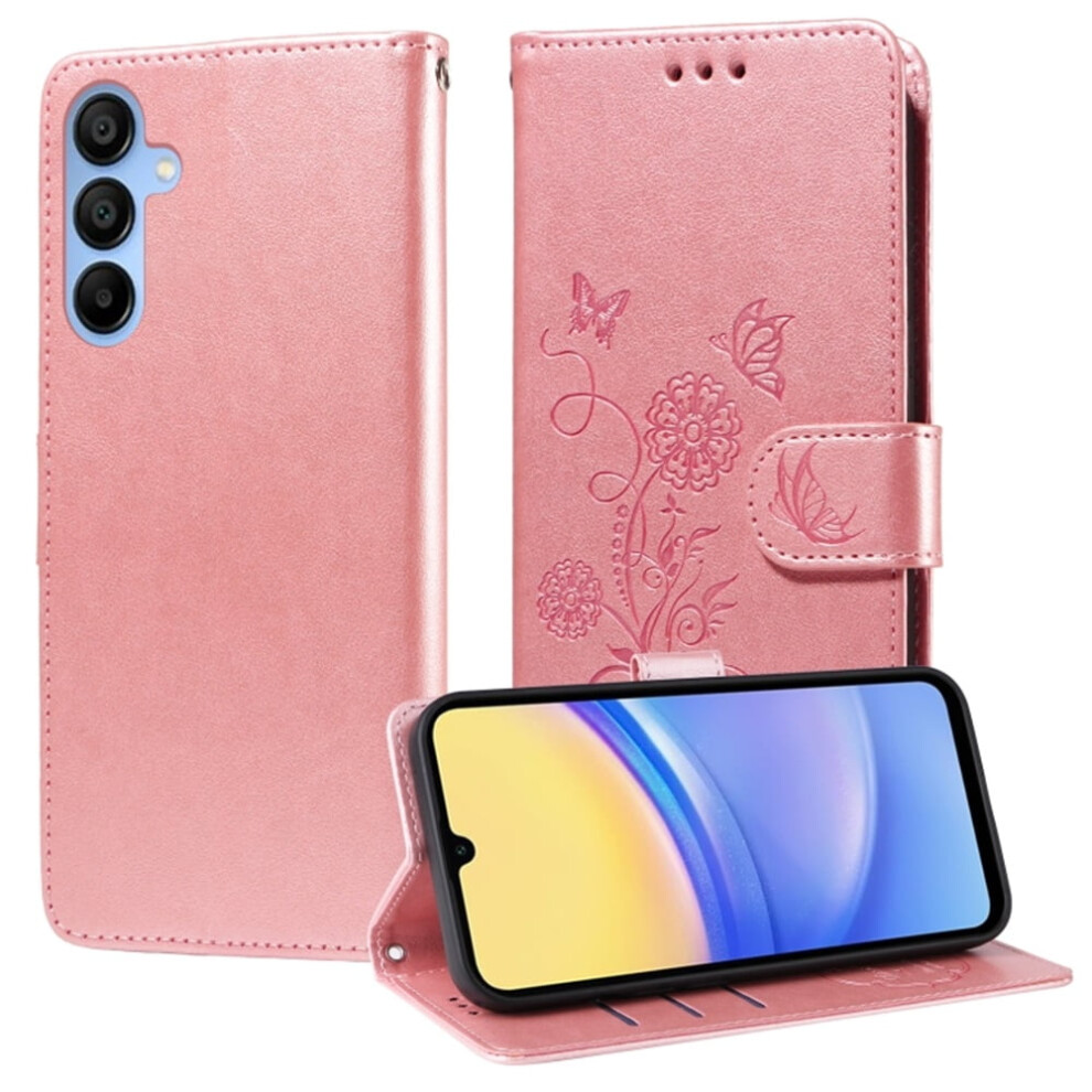 Embossed Butterfly Flower Flip Case For Samsung Galaxy A15 4G/5GâShockproof, Kickstand, Card & Cash Slots Pink 9340959361281