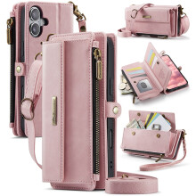 CaseMe Wallet Case voor iPhone 16 Plus (6,7 inch), RFID-blokkerend PU-leer, standaard, polsbandje, ritsvakje voor pasjes – Roze
