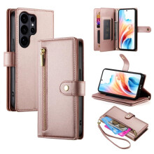 Ružové kožené puzdro-peňaženka pre Samsung Galaxy S26Ultra5G – viacero slotov na karty, vrecko na zips, remienok na šnúrku, pútko na