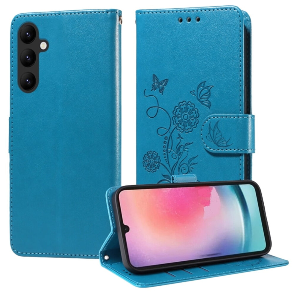 Embossed Butterfly Flower Flip Case For Samsung Galaxy A24 5GâShockproof, Kickstand, Card & Cash Slots, Leather Blue 9340959361762