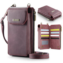 Bolsa carteira para celular com compartimentos para cartões de grande capacidade, bolso com zíper para dinheiro, bloqueio RFID, alça de mão e