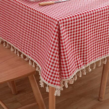 Vintage Gingham Checkered Tablecloth in Red and White Plaid - Cotton Linen Rectangle Cover with Elegant Tassel, Ideal for Chic Dining Decor（Red）