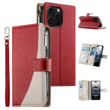 Rode PU-leren flip-wallethoes voor iPhone 16 Pro 6,3" – met split-design, meerdere kaartsleuven, sterke magnetische sluiting en ophangkoord.