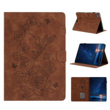 Hochwertige Lederhülle mit Blumen- und Vogelprägung, Kartenfach und Fotorahmen für Apple iPad Pro 11 (2025/2024), magnetischer Ständer, Braun