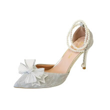 Willtoo Women's Pearl & Bow Detail Pointed Toe Stiletto Heel Pumps | Princess Style Wedding Shoes Silver