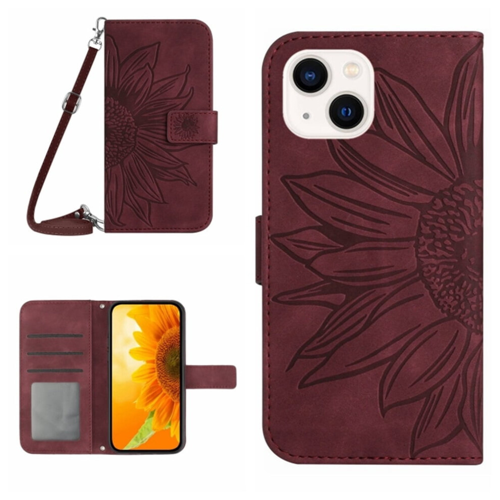 Wine Pu Leather Flip Wallet Case For Iphone 13 (6.1") Â Sunflower Embossed, Strong Magnetic Closure, Card Slots, Adjustable Shoulder Strap, Red 9357860059084