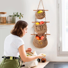 3-Tier Hanging Fruit Baskets – Hand-Woven Jute Wall Organizer for Kitchen, Living Room, Bathroom, Bedroom