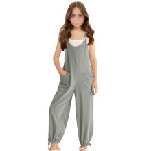 Girls Casual Jumpsuits Spaghetti Strap Sleeveless Loose Romper Long Pants with Pockets Kids Clothes Gray 5-6 Years