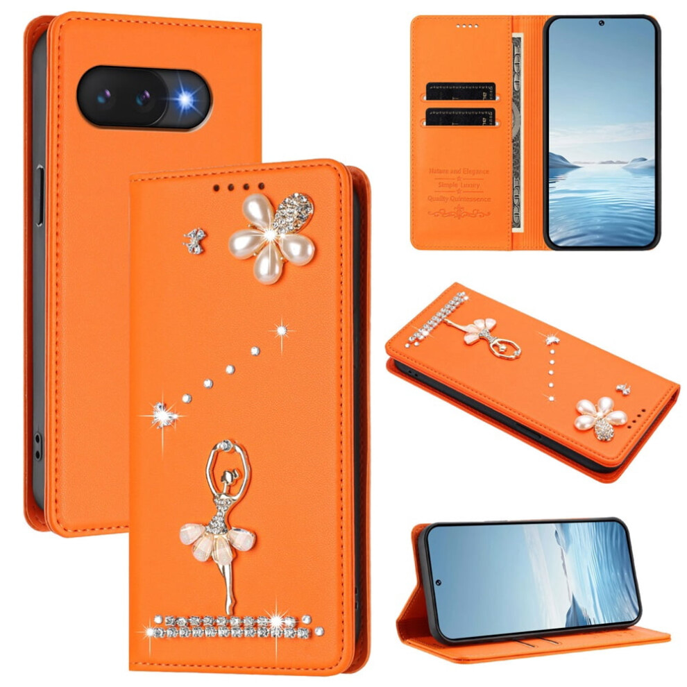 Rfid-Blocking Ballet Girl Flip Wallet Leather Case For Google Pixel 9A Â Magnetic Closure & Card Holder Orange 9180479346241
