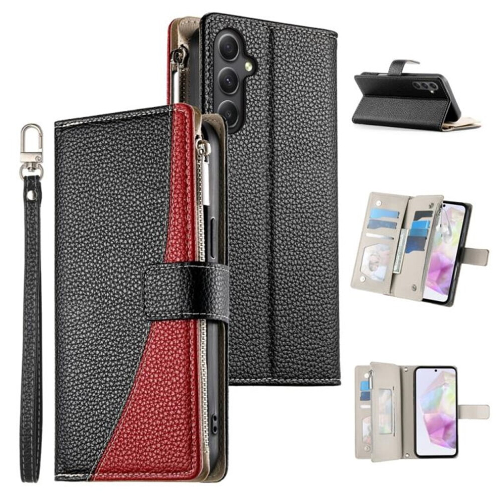 Compatible With Samsung Galaxy A35 5G 6.6" Pu Leather Flip Wallet Case With Multi-Card Slots, Magnetic Closure, Zipper Pocket & Hanging Rope Â Black 9180479347224