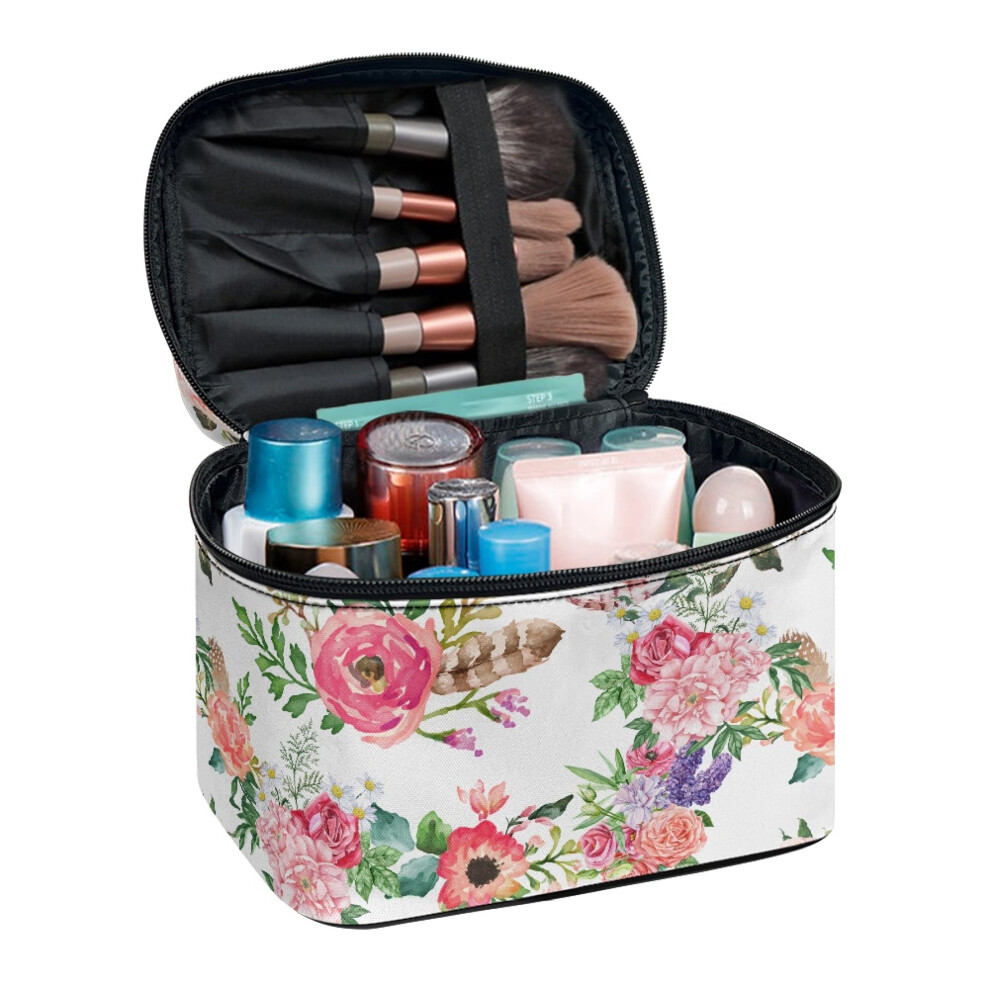 Large Cosmetic Bag with Brush Slots Multi-Function Makeup Organizer Multifunctional Large Capacity Makeup Bag Floral Pattern