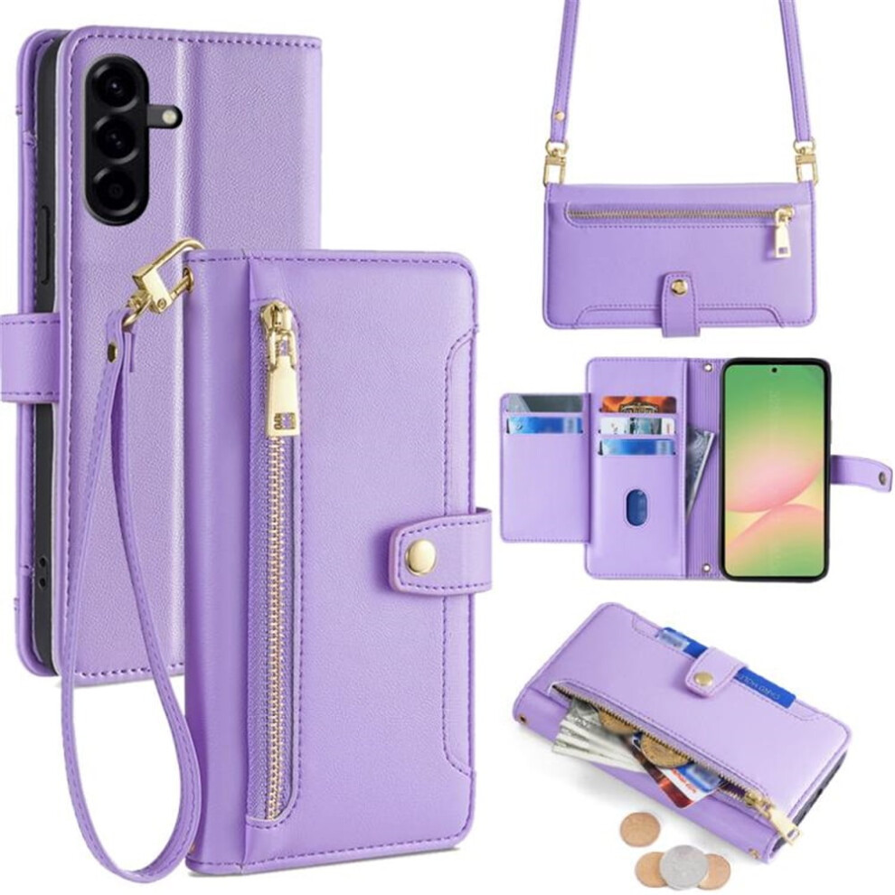 Leather Wallet Case For Samsung Galaxy A56 5G 6.7": 6-Card Holder, Zipper Bills Slot, Soft Sheepskin Strap Â Purple 9180479349129