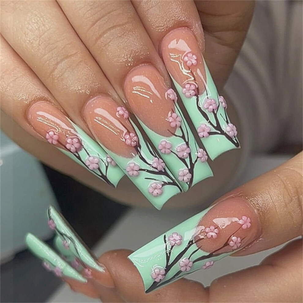 24pcs Long Square Press on Nails Floral Acrylic Nails Stick on Nails For Women Seeking Unique Manicure