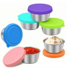 304 Stainless Steel Sauce Cups with Plastic Lids, 70ml, Set of 6, Dipping Sauce Plates for BBQ, Outdoor and Kitchen Use