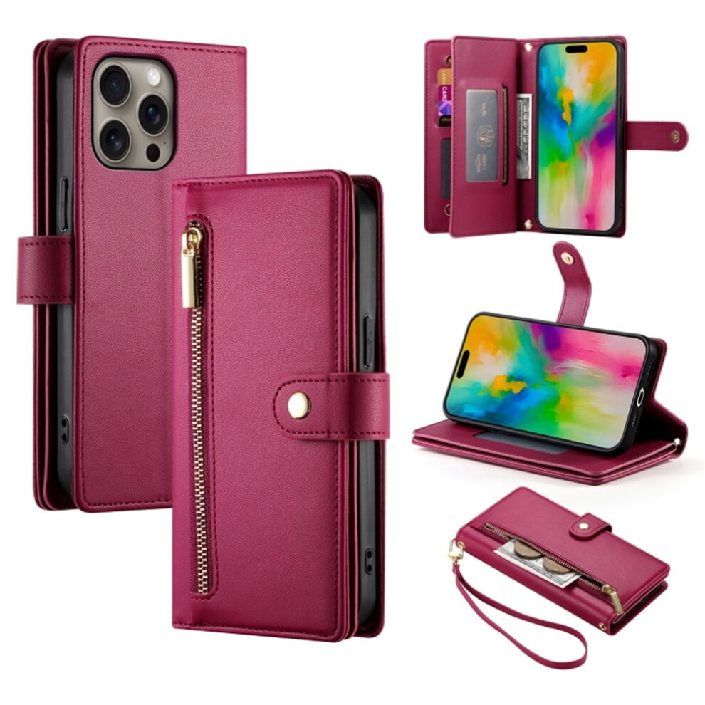 Leather Wallet Case For Iphone 16 Pro MaxâMulti-Card Slots, Zipper Pocket, Lanyard Strap, WristletâCompatible With Iphone 16 Pro Max Red 9180479769279