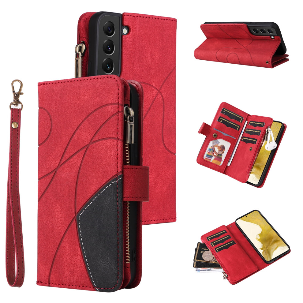 Pu Leather Folio Case For Compatible With Samsung Galaxy S22 Plus 5G Â 9-Card Holder, Zipper Pocket, Magnetic Closure & Wrist Strap Red 9180479769002