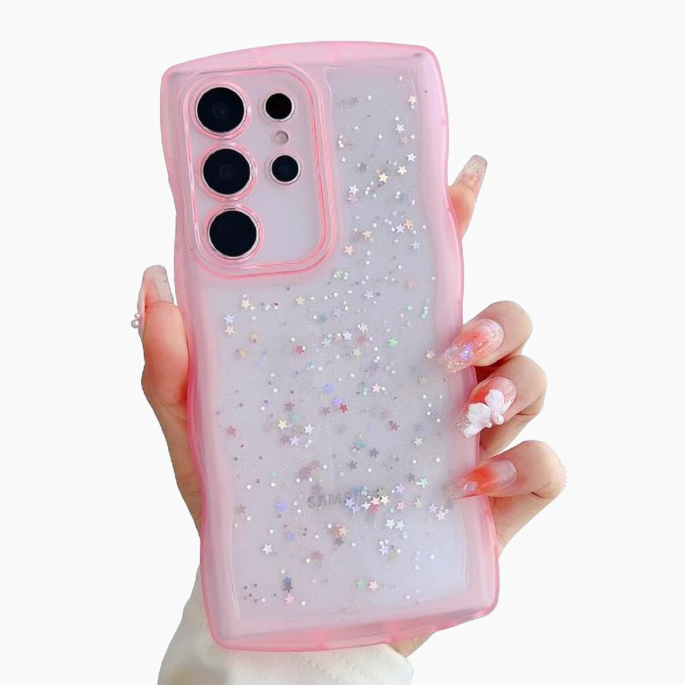 Glitter Clear Phone Case For Samsung Galaxy S22 Ultra – Curly Wave Frame, Bling Shiny & Shockproof Bumper Cover Pink 9180479770480