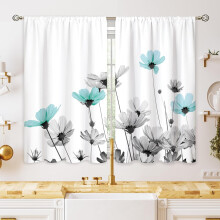 Farmhouse Teal Grey Floral Kitchen Curtains, Rustic Wildflower Window Treatment, 27.5x39 inch, Compatible with Farmhouse Style