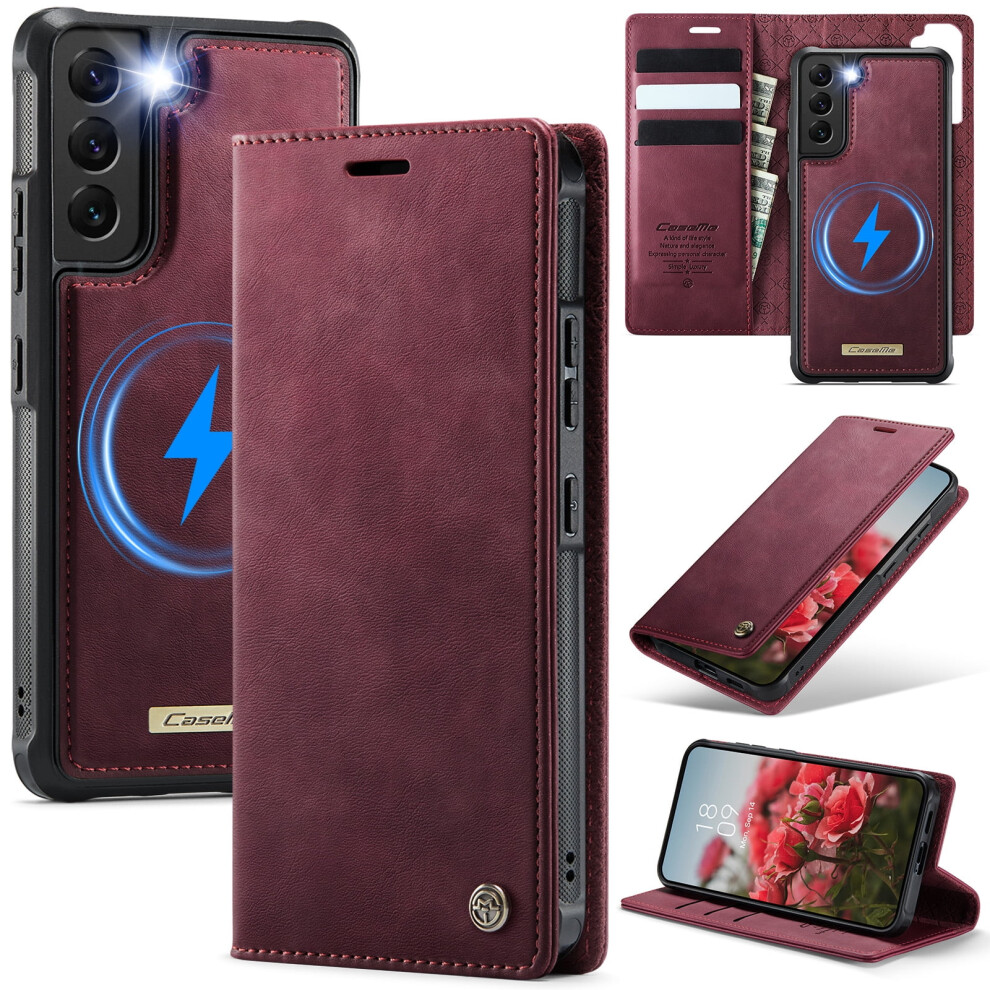 Caseme Wallet Case For Samsung Galaxy S22, Magsafe Compatible, Rfid Blocking, Flip Stand, Shockproof, Magnetic Detachable, Wine Red 9180479771128