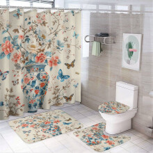 4-teiliges Duschvorhang-Set mit rutschfester Matte, WC-Deckelbezug, Badematte und Vase – Schmetterlings- und Blumenmuster, wasserdicht
