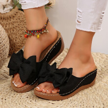 Sandali con zeppa da donna Willtoo, con fiocco, punta aperta, modello slip-on, morbidi e comodi, neri, taglia US 6.5 (EU 37)
