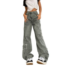 Jeans da donna, jeans a gamba dritta, jeans da donna a vita alta, jeans in denim alla moda con ricami a stella, jeans azzurri da donna, abbigliamento