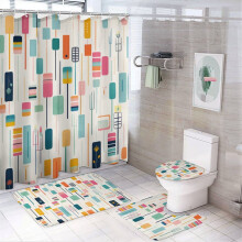 4-delige douchegordijnset: kleurrijke vierkanten, antislipmat, toiletbrilhoes en badmat – abstracte boho-stijl uit het midden van de vorige eeuw,