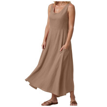 Dame sommerkjole i bomuld og hør, ærmeløs, elegant, flagrende kjoler, plus size, løs, behagelig kjole med lommer, khaki, XXXXL