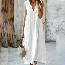 Damen-Maxikleid aus Baumwoll-Leinen-Mischgewebe mit V-Ausschnitt, ärmellos, einfarbig weiß, locker geschnitten, für Frühling/Sommer, Strand und