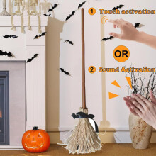 Decoração de Halloween - Vassoura de Bruxa Flutuante Animada de 110 cm de Altura - Vassoura Dançante Assombrada para Decoração de Festas em Casa