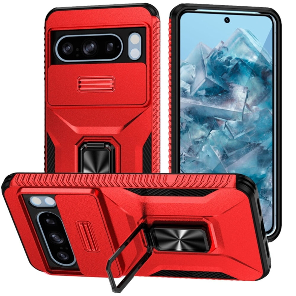 Slim Shockproof Hybrid Case For Google Pixel 8 Pro Xl 6.7", With Slide Camera Cover & Rotated Ring Kickstand, Â Compatible With Pixel 8 Pro Xl Red 9340959366040